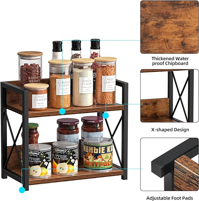 Giikin Countertop Shelf Organizer, 2 Tier Kitchen Spice Rack for Countertop, Wood Coffee Counter Shelf Organizer for Home (Brown, S) - Image 5