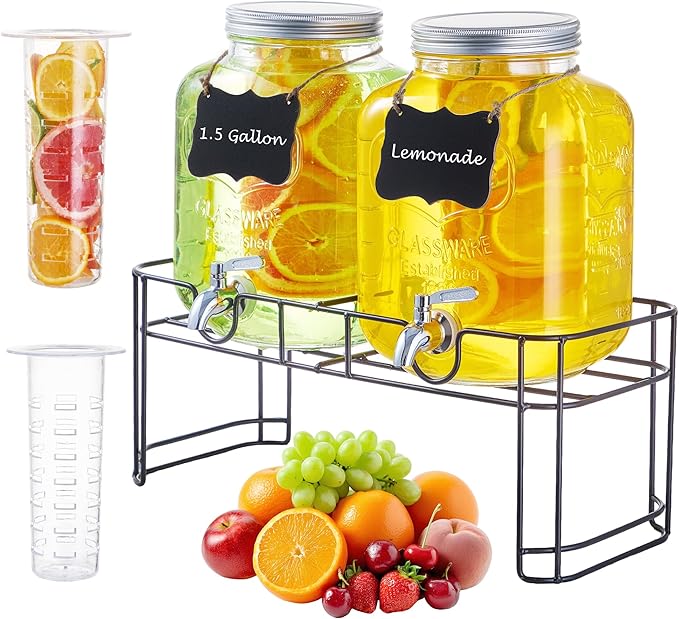 1.5 Gallon Glass Drink Dispensers for Parties, 2PACK Beverage Dispenser with Stand, Ice Cylinder and Stainless Steel Spigot 100% Leakproof, Beverage Dispenser for Lemonade Sun Tea by Unknown