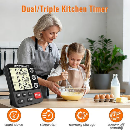 Digital Dual Kitchen Timer, 3 Channels Triple Countdown Timer for Cooking, Magnetic Memory-Preset Large Display Adjustable Volume, Multi Time Management, 3A Battery Included, Black - Image 2
