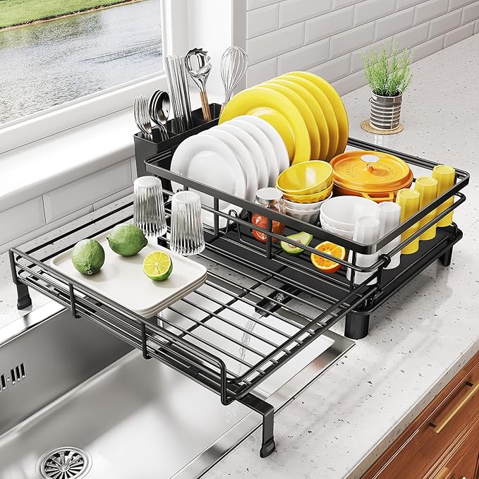 SNTD Dish Drying Rack - Extendable Dish Rack, Large Sink Drying Dish Drainer for Kitchen Counter, Stainless Steel Dish Strainer with Utensil Holder (Black) by SNTD