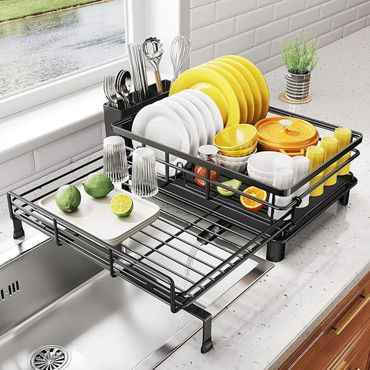 SNTD Dish Drying Rack - Extendable Dish Rack, Large Sink Drying Dish Drainer for Kitchen Counter, Stainless Steel Dish Strainer with Utensil Holder (Black) by SNTD