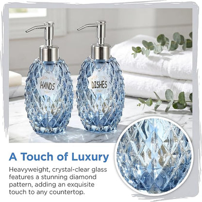 MALACHI Soap Dispenser Set, Crystal-Textured Diamond Glass with Rustproof Stainless Steel Pump, Dual-Labelled Hand & Dish Soap Dispenser for Kitchen & Bathroom