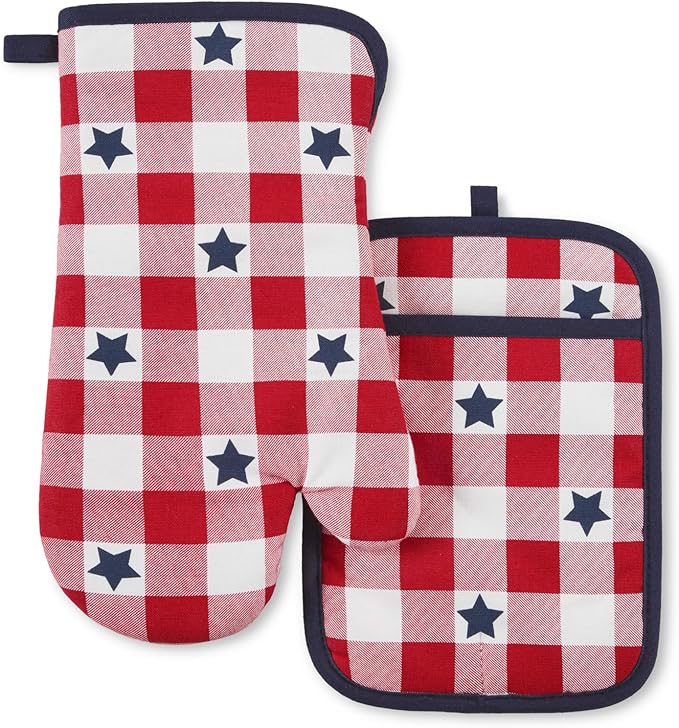 MARTHA STEWART Americana Star Gihgham Oven Mitt & Pot Holder Set, 100% Cotton, Heat Resistant, Patriotic USA America Decor, Red/White/Blue, 7"x13" & 7"x10" by MarthaStewart