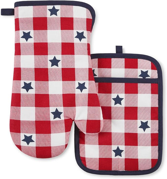 MARTHA STEWART Americana Star Gihgham Oven Mitt & Pot Holder Set, 100% Cotton, Heat Resistant, Patriotic USA America Decor, Red/White/Blue, 7"x13" & 7"x10" by MarthaStewart