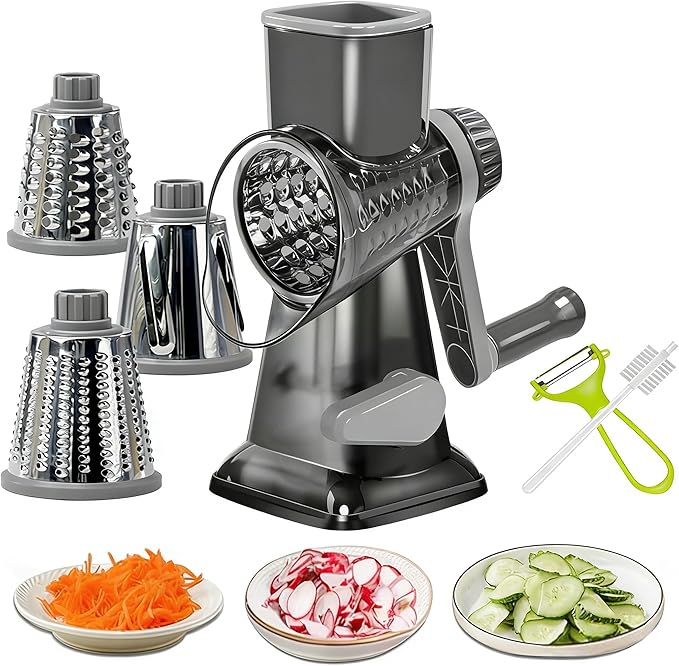 Dachenus Cheese Grater Rotary Cheese Grater,Versatile Cheese Shredder,Blades for Shredding, Grating, Slicing,Cheese Shredder with Suction Base and Cleaning Brush Kitchen Gift (gray)