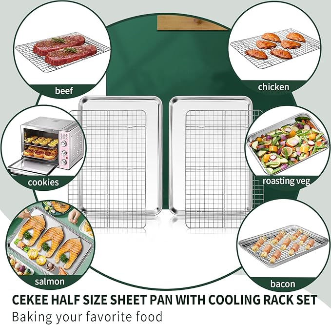 Half Sheet Pans with Rack Set [2 Pans + 2 Racks], CEKEE Stainless Half Size Large Baking Sheets with Rack -18 Inch Baking Tray Set- Rust & Warp Resistant & Heavy Duty Large Cookie Sheet - Image 5