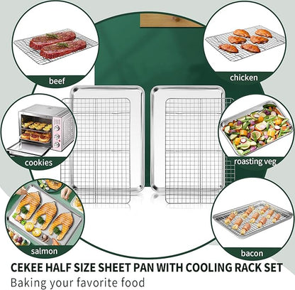 Half Sheet Pans with Rack Set [2 Pans + 2 Racks], CEKEE Stainless Half Size Large Baking Sheets with Rack -18 Inch Baking Tray Set- Rust & Warp Resistant & Heavy Duty Large Cookie Sheet - Image 5