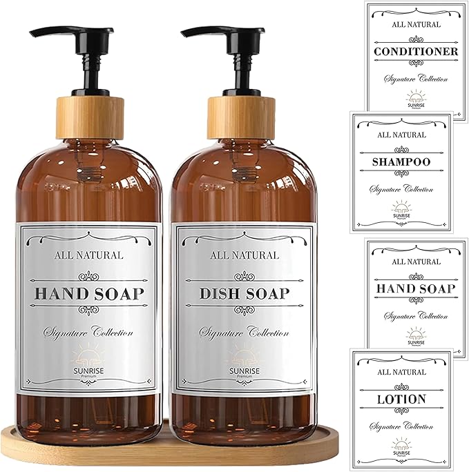 Sunrise Premium 16 OZ Thick Amber Glass Soap Dispenser, Bamboo Pump with Tray 2 Pack, Hand and Dish Soap Dispenser Set for Bathroom with 6 Waterproof Labels - Image 7