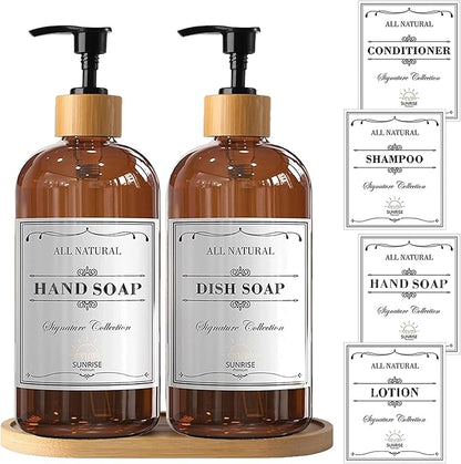 Sunrise Premium 16 OZ Thick Amber Glass Soap Dispenser, Bamboo Pump with Tray 2 Pack, Hand and Dish Soap Dispenser Set for Bathroom with 6 Waterproof Labels - Image 7