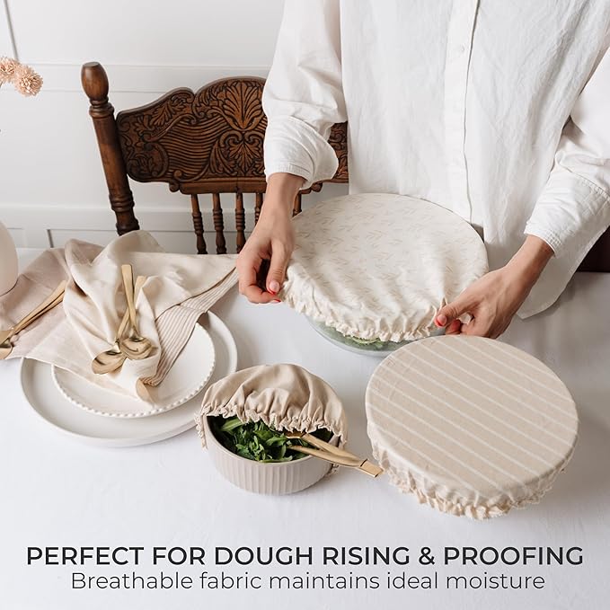 Beautiful Linen Cotton Blend Bowl Covers for Bread Proofing - Reusable Set of 3 in Varying Sizes Easily Fit Your Bowls 7" to 13" - Durable Fabric Covers, Ideal Sourdough Bread Baking Accessories - Image 3