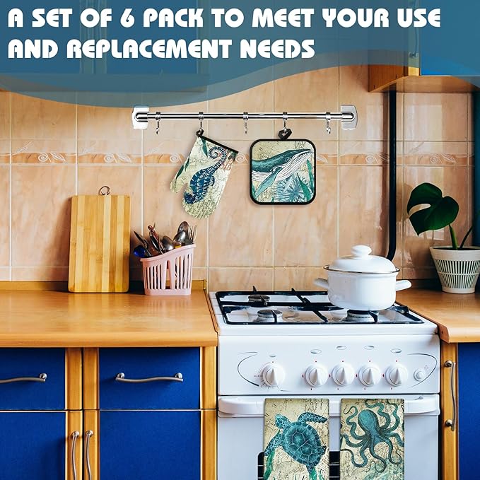 6 Pcs Sea Ocean Beach Kitchen Towels Pot Holders and Oven Mitts Set Coastal Dish Towel Ocean Animal Oven Gloves Heat Resistant Potholders for Kitchen Summer Cooking Gift - Image 6