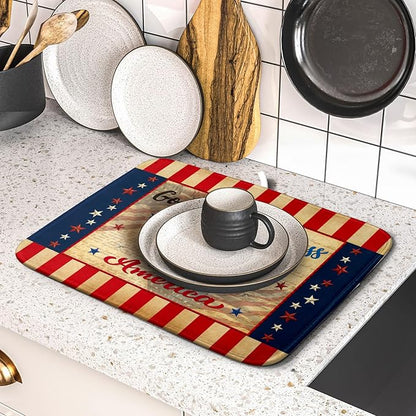 4th of July God Bless Dish Drying Mat for Kitchen Counter,American Flag Star Patriotic Independence Day Drying Mat 16 x 18 Inch with Absorbent Reversible Microfiber Drying Pad for Coffee Bar - Image 5