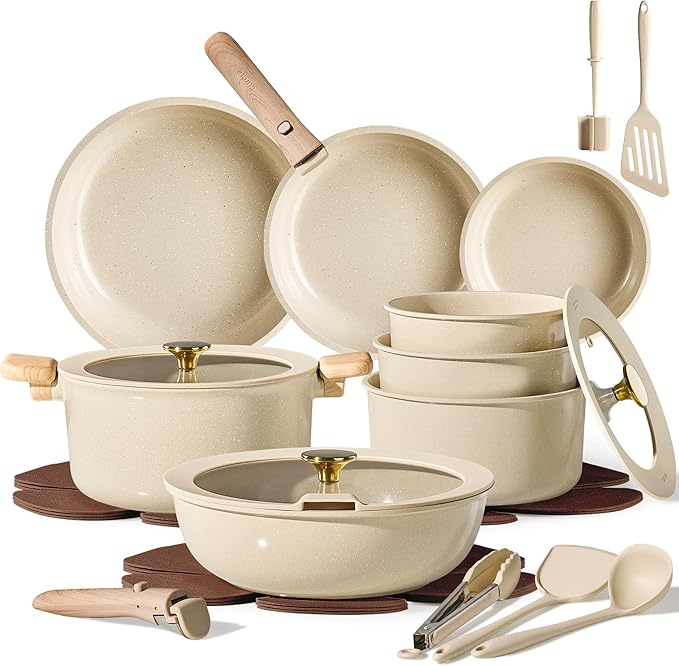 CAROTE 25PCS Ceramic Cookware Set, Pots and Pans set Non Stick, RV Kitchen Cooking Set Removable Handles, Oven Safe, Induction Cookware, Non-toxic Kitchen Cooking Set, PFAS and PFOA Free by CAROTE