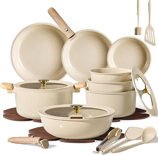 CAROTE 25PCS Ceramic Cookware Set, Pots and Pans set Non Stick, RV Kitchen Cooking Set Removable Handles, Oven Safe, Induction Cookware, Non-toxic Kitchen Cooking Set, PFAS and PFOA Free by CAROTE