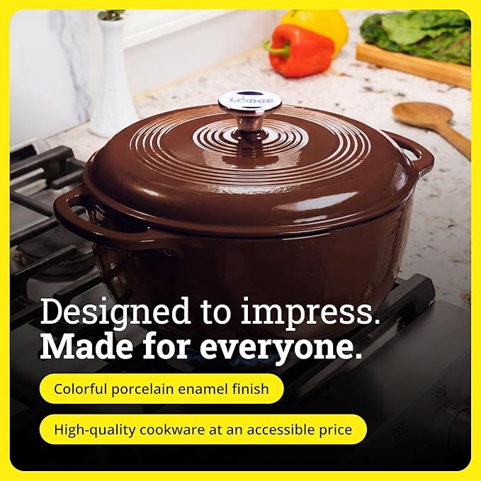 Lodge Essential Enamel Cast Iron Dutch Oven - Perfect for Bread Baking, Braising, Marinating & Slow Cooking - Features Moisture-Sealing Lid & Dual Handles - Kitchen Essentials - 6 Quarts - Burnt Sienna - Image 6