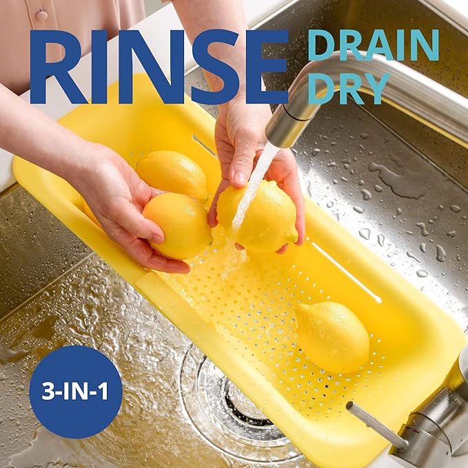 BLUE GINKGO Over the Sink Colander Strainer Basket - Wash Vegetables and Fruits, Drain Cooked Pasta and Dry Dishes - Extendable - New Home Kitchen Essentials (Yellow, 1 Pack) - Image 3