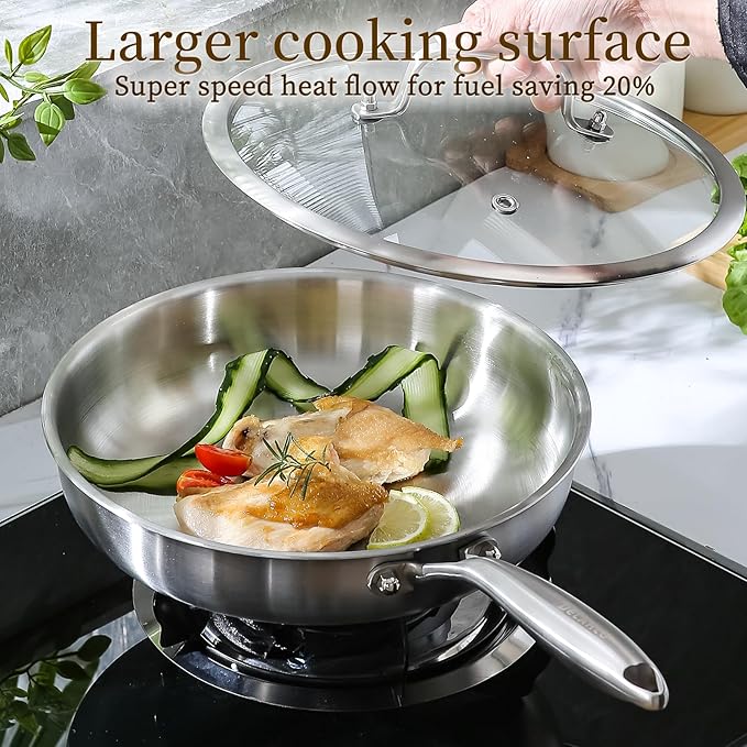 DELARLO Tri-Ply Stainless Steel Pan, 18/10 Frying Pan, Oven Safe Up to 600°F, Nontoxic Cookware, Compatible with All Cooktops Skillet, Durable, Fast Even Heat Fry Pan,10inch Steel Pan with Glass Lids - Image 5