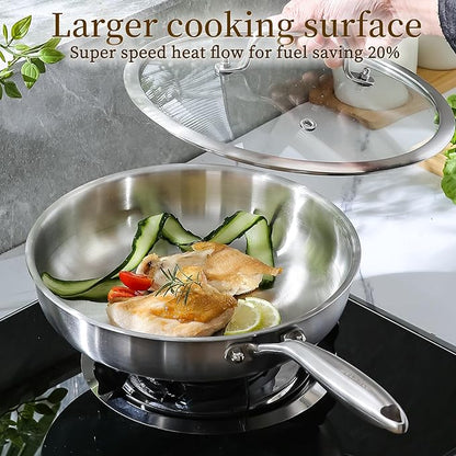 DELARLO Tri-Ply Stainless Steel Pan, 18/10 Frying Pan, Oven Safe Up to 600°F, Nontoxic Cookware, Compatible with All Cooktops Skillet, Durable, Fast Even Heat Fry Pan,9" Pan with Lid - Image 4