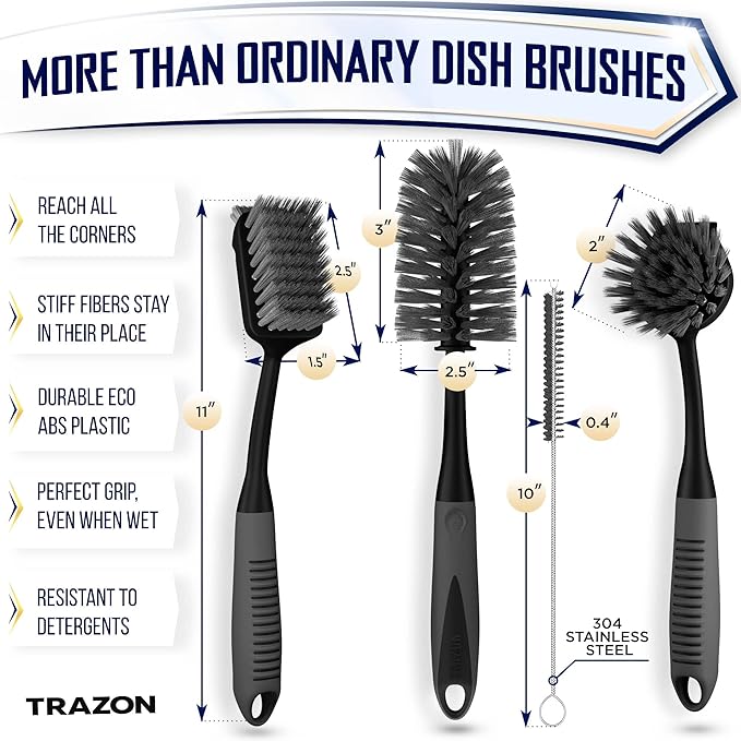 Dish Brush Set of 4 - Kitchen Scrub Brushes with Non-Slip Long Handle for Cleaning, Scrubber, Dishwashing, Dishes, Bottles, Straws, Cups, Pots & Sink, Black - Image 2