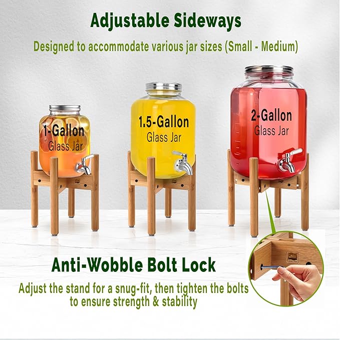 ZPirates Drink Dispenser Stand - Adjustable Bamboo Holder Riser for Compatible Water, Lemonade, Juice & Beverage Dispensers, Mason Jar & Spigot Jugs - Foldable Stand for 7-10 Inch Dispensers