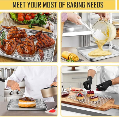 12.5 Inch Baking Sheet Pan with Cooling Rack Set, Joyfair Stainless Steel Toaster Oven Tray Pans with Grid Racks, Rectangular Bakeware for Cookie/Bacon, Heavy Duty & Rust-free, Dishwasher Safe