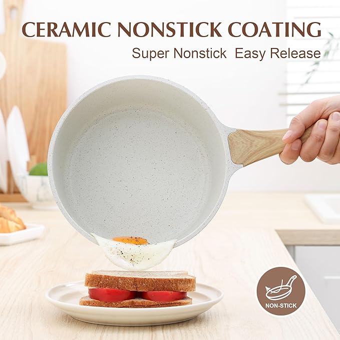 SENSARTE White Ceramic Nonstick Saucepan with Lid Set, Small Cooking Pot with Stay Cool Handle, Induction Compatible Saucepot, White Granite Coating, PFOA/PFAS Free, 2.0 + 2.5QT - Image 2