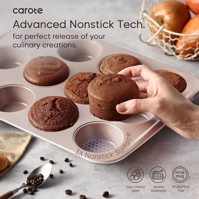 CAROTE 7-Piece Nonstick Stackable Baking Pans Set - Bakeware Sets Including Cookie Sheets for Baking, Muffin Pan, Bread Pan, Cake pan, Loaf Pan, Roasting Pan, Gray & Khaki - Image 3