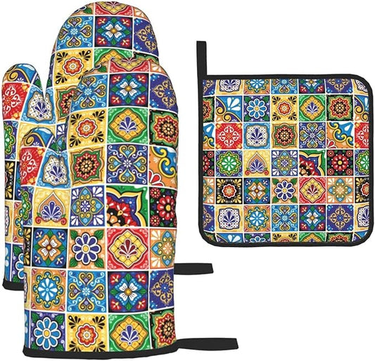 Mexican Talavera Tile Oven Mitts and Pot Holders Sets of 3, Heat Resistant Non-Slip Polyester Colorful Talavera Kitchen Gloves Gifts for Cooking Lovers, Vibrant Kitchen Decor for Baking BBQ Cooking by Unknown
