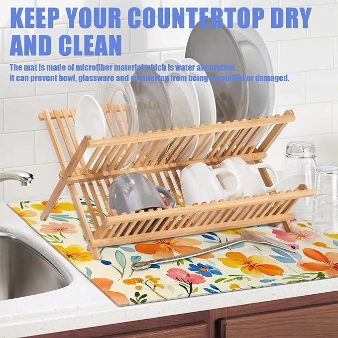Colorful Flower Dish Drying Mat for Kitchen Counter Spring Floral Drying Pad Absorbent Reversible Dish Drainer Rack Mats Draining Pad 18"x24"Inch