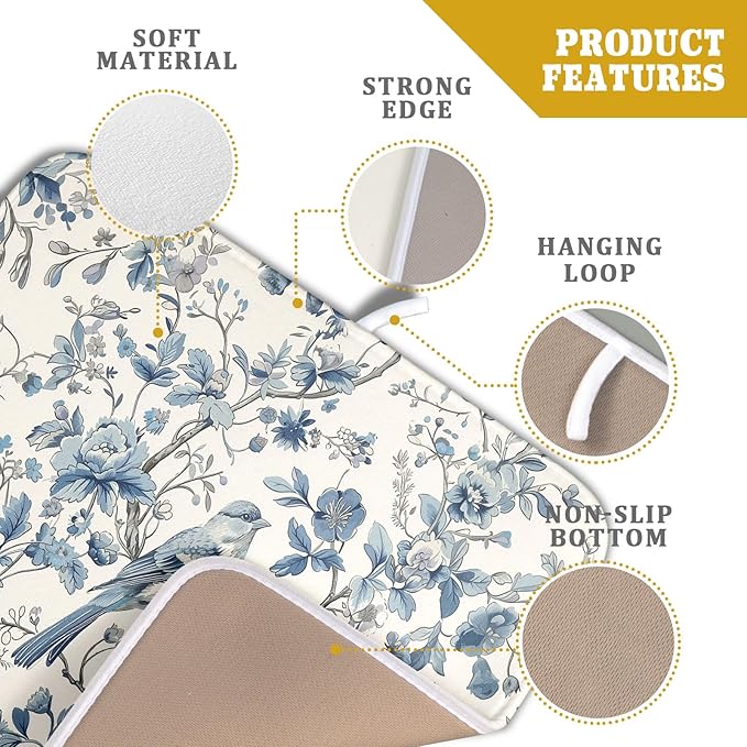 Chinoiserie Trees Dish Drying Mat for Kitchen Counter,Bule Bird Flowers Drying Mat 16 x 18 Inch with Absorbent Reversible Microfiber Drying Pad for Coffee Bar - Image 4