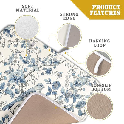 Chinoiserie Trees Dish Drying Mat for Kitchen Counter,Bule Bird Flowers Drying Mat 16 x 18 Inch with Absorbent Reversible Microfiber Drying Pad for Coffee Bar - Image 4