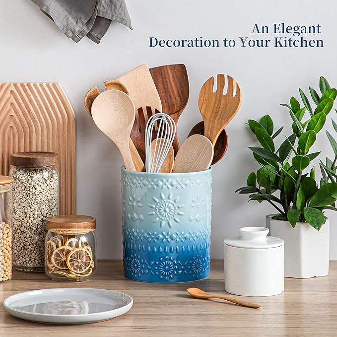 LOVECASA Extra Large Kitchen Utensil Holder, 7.2" Ceramic Farmhouse Utensil Holder For Kitchen Décor Countertop With Heavy And Sturdy Base, Utensil Crock Organizer, Blue - Image 7