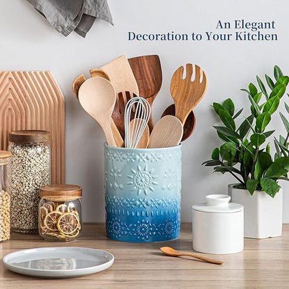 LOVECASA Extra Large Kitchen Utensil Holder, 7.2" Ceramic Farmhouse Utensil Holder For Kitchen Décor Countertop With Heavy And Sturdy Base, Utensil Crock Organizer, Blue - Image 7