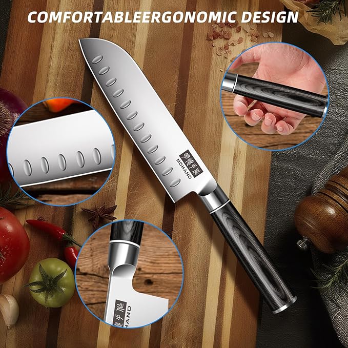 MDHAND Chef Knife Set with Roll Bag, 10PCS Professional Knife Set with Sharpener, High Carbon Stainless Steel Japanese Kitchen Knives - Black Pakkawood Handle, Dishwasher Safe, For Cooking, Chef Gifts