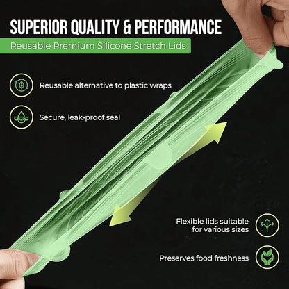 Reusable Silicone Stretch Lids for Food Storage in Fridge - Elastic Heat-Resistant Bowl Covers, Cups, Cans, Jars - Universal Food Grade Lid for Containers - 7 Pack - Light Green Stretchy Lid Set - Image 6