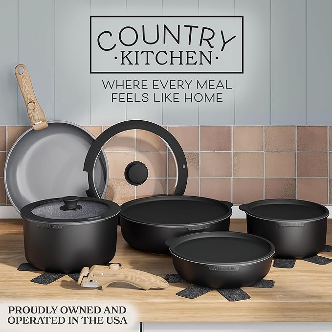 Country Kitchen Cookware Set with Removable Handle, Oven & RV Safe Pots and Pans Set, Black/Grey Wood Handle, Original - Image 2