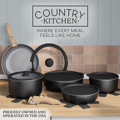 Country Kitchen Cookware Set with Removable Handle, Oven & RV Safe Pots and Pans Set, Black/Grey Wood Handle, Original - Image 2