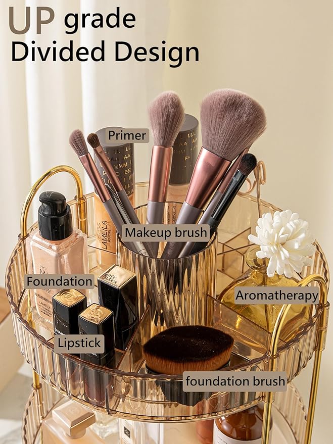 Asayuee 360 Rotating Makeup Organizer,2 Tier Large Capacity Make Up Organizers and Storage,Skincare Perfume Vanity Organizers,Bathroom Cosmetics Storage Organizer Countertop(Gold) - Image 2