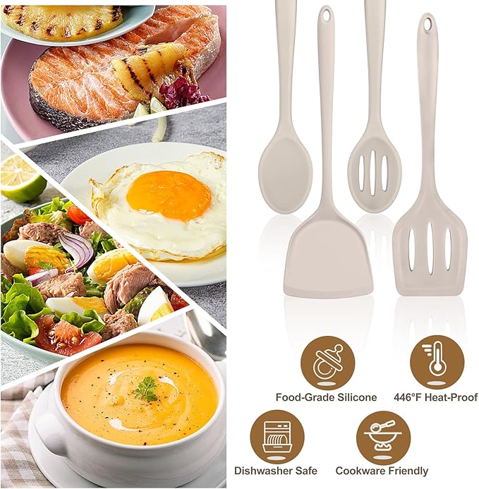TeamFar Cooking Utensils Set of 4, Silicone Kitchen Utensils, Solid & Slotted Spoons Turners for Cooking/Serving/Frying, Healthy & Seamless Design, Heat-Resistant & Non-Scratch, Dishwasher Safe, Khaki - Image 6