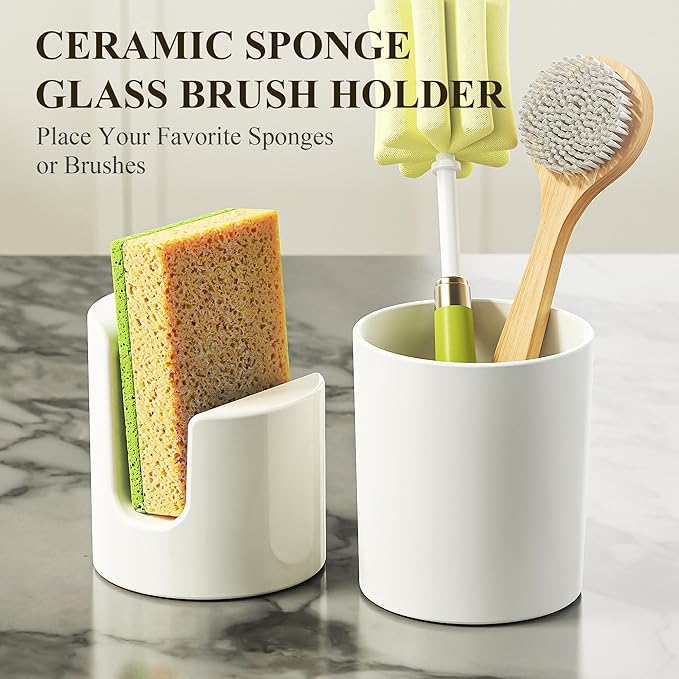 Cisily Kitchen Soap Dispenser Set Comes with Ceramics Sponge Holder, Gold Pumps, and Instant Dry Tray, Hand and Dish Soap Dispenser Set (5, Gold + White + Brush Holder + Sponge Holder) - Image 3