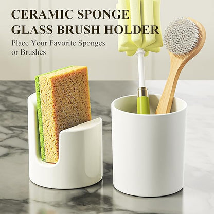 Cisily Kitchen Soap Dispenser Set Comes with Ceramics Sponge Holder, Gold Pumps, and Instant Dry Tray, Hand and Dish Soap Dispenser Set (5, Gold + White + Brush Holder + Sponge Holder) - Image 3
