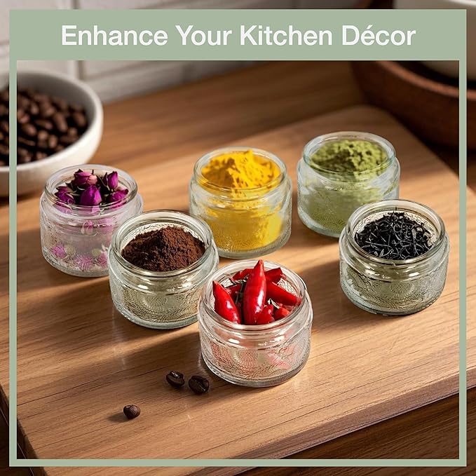 4 oz Mini Glass Jars with Airtight Bamboo Lids 12 pack, Decorative Small Food Storage Canister, Vintage Embossed Home Décor Candle Parties Wedding Baby Shower Favors Gift