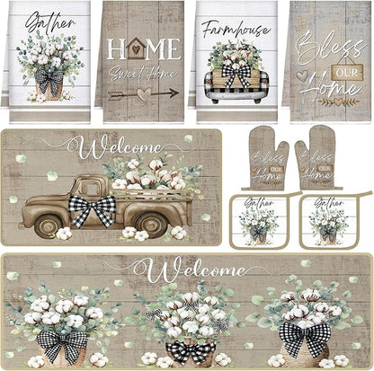 Fourluoo 10 Pcs Flower Basket Farmhouse Kitchen Decor Set Dish Towels Kitchen Rugs Oven Mitts and Pot Holders Set for Cooking Baking Grilling Women Mom Daughter Gift(Spring Color)