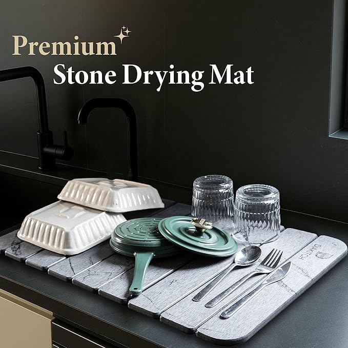 Stone Drying Mat for Kitchen Counter – Super Absorbent Stone Dish Drying Mat, Foldable & Quick Dry, Diatomaceous Earth Mat for Dish & Bottle, Ideal for Kitchen - 23.6" x 15.4", Dark Grey - Image 4