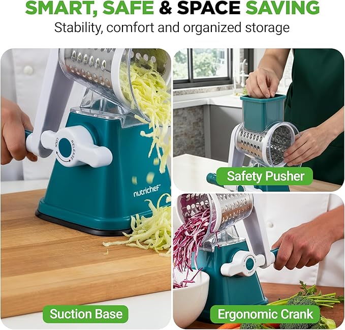 NutriChef 3 in 1 Cheese Grater & Shredder | Strong Suction Base, Rotary Handle with Safety Lock | Includes Hand Crank & 3 Drum Blades for 3 Textures, Fine, Medium & Strips | Green - Image 7