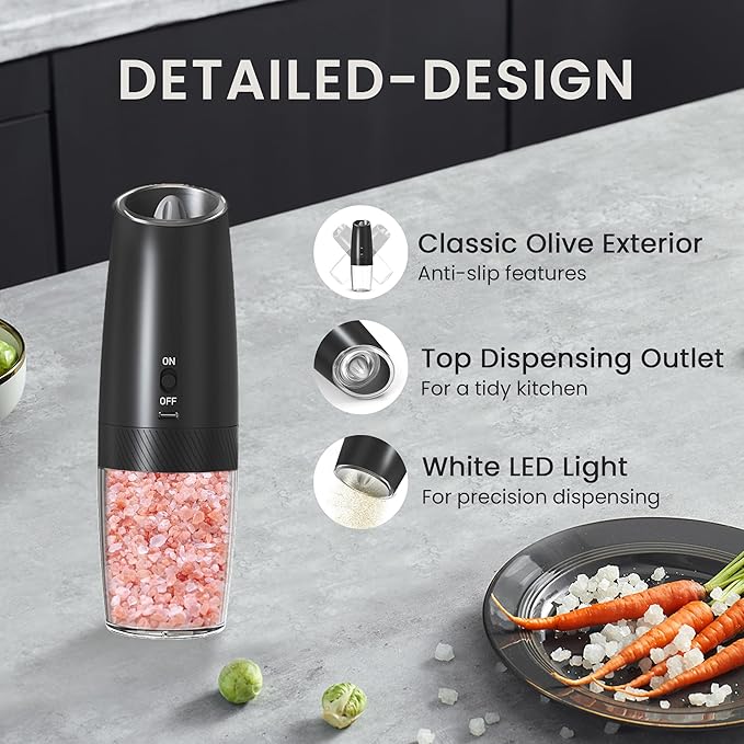 Rechargeable Salt And Pepper Grinder Set with LED Light, Automatic Electric Gravity Salt And Pepper Shakers Set, No Battery Needed, Adjustable Roughness, 2 Pack (Black&Black) - Image 5