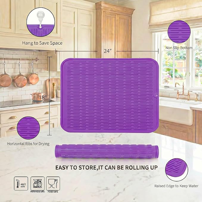 MicoYang Silicone Dish Drying Mat for Multiple Usage,Easy clean,Eco-friendly,Heat-resistant Silicone Mat for Kitchen Counter or Sink,Refrigerator or Drawer Liner Purple 2XL 24 inches x 18 inches - Image 2