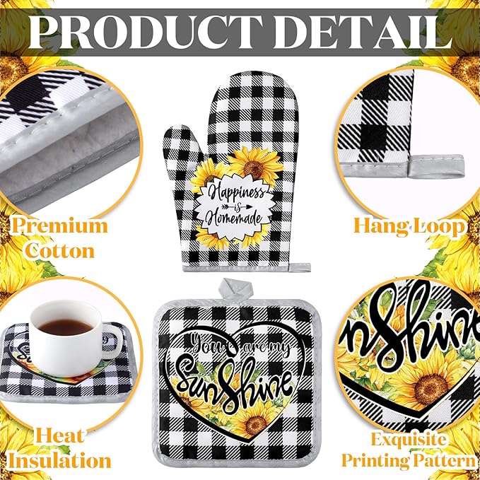 Leinuosen 6 Plaid Sunflower Kitchen Towels Kitchen Decor and Accessories Set Floral Plant Oven Mitts and Pot Holders Sets Farmhouse Absorbent Dish Towels for Cooking Baking Grilling - Image 5