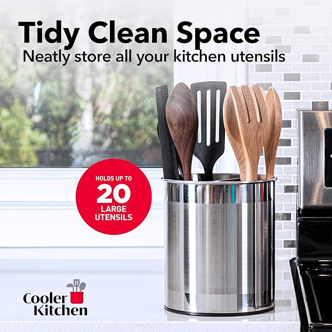 Cooler Kitchen Rotating Extra Large Stainless Steel Utensil Holder Caddy with Sturdy No-Tip Weighted Base, Removable Divider, and Gripped Insert Bottom -Dishwasher Safe Metal Cooking Utensil Holder - Image 6