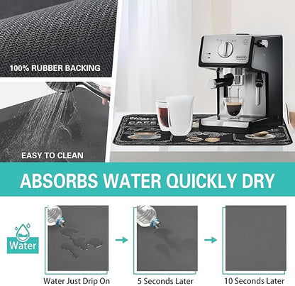 Fun Coffee Bar Mat, 19inx12in, Absorbent, Anti-Slip, Fits Under Coffee Machine